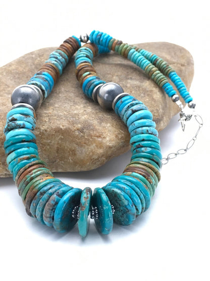 Blue Green Turquoise Navajo Sterling Silver Beads Necklace 02607