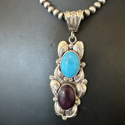 Blue Kingman Turquoise  Purple Stone Pendant Navajo Sterling Silver 18038