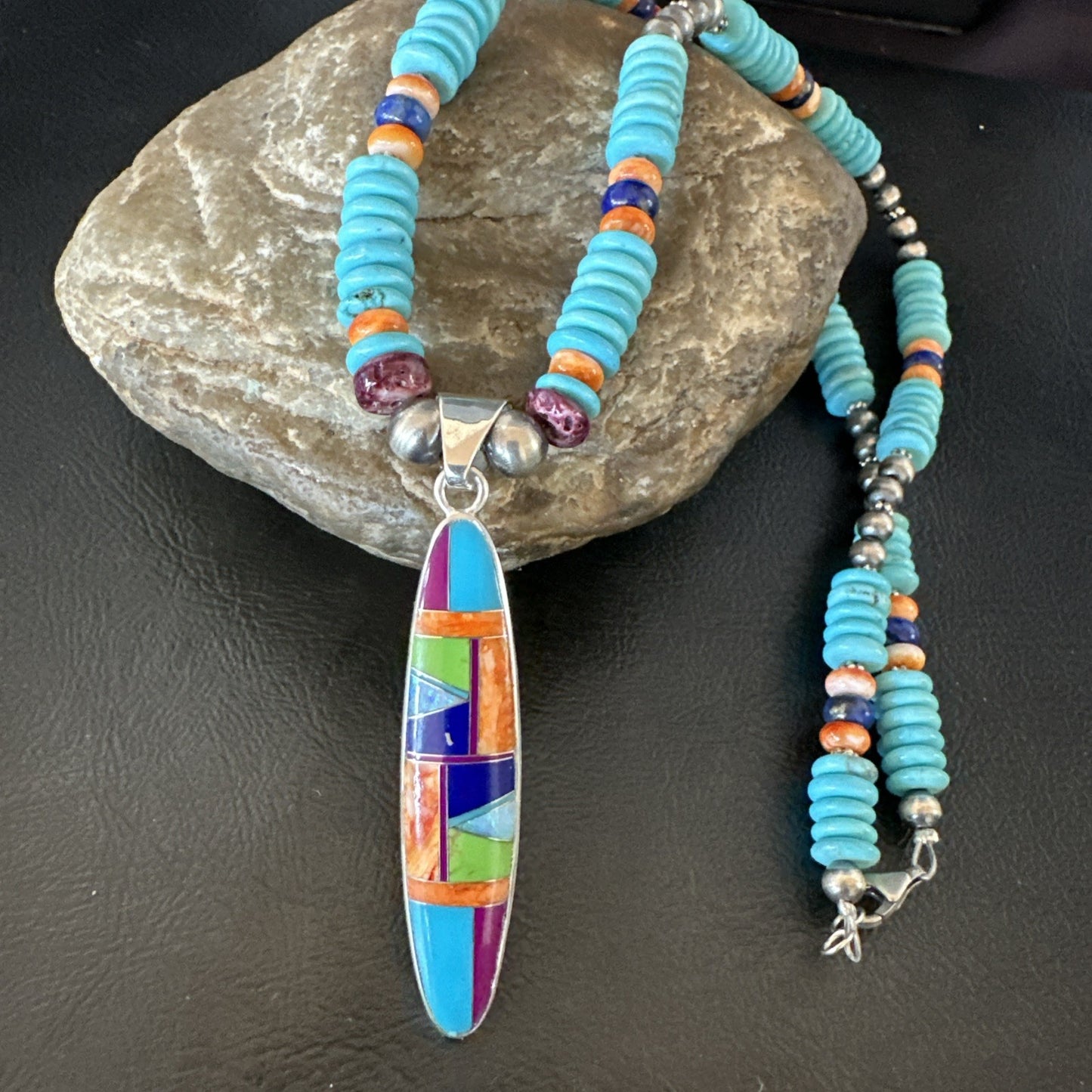 Multicolor Turquoise Spiny Navajo Sterling Silver Inlay Pendant Necklace 19644