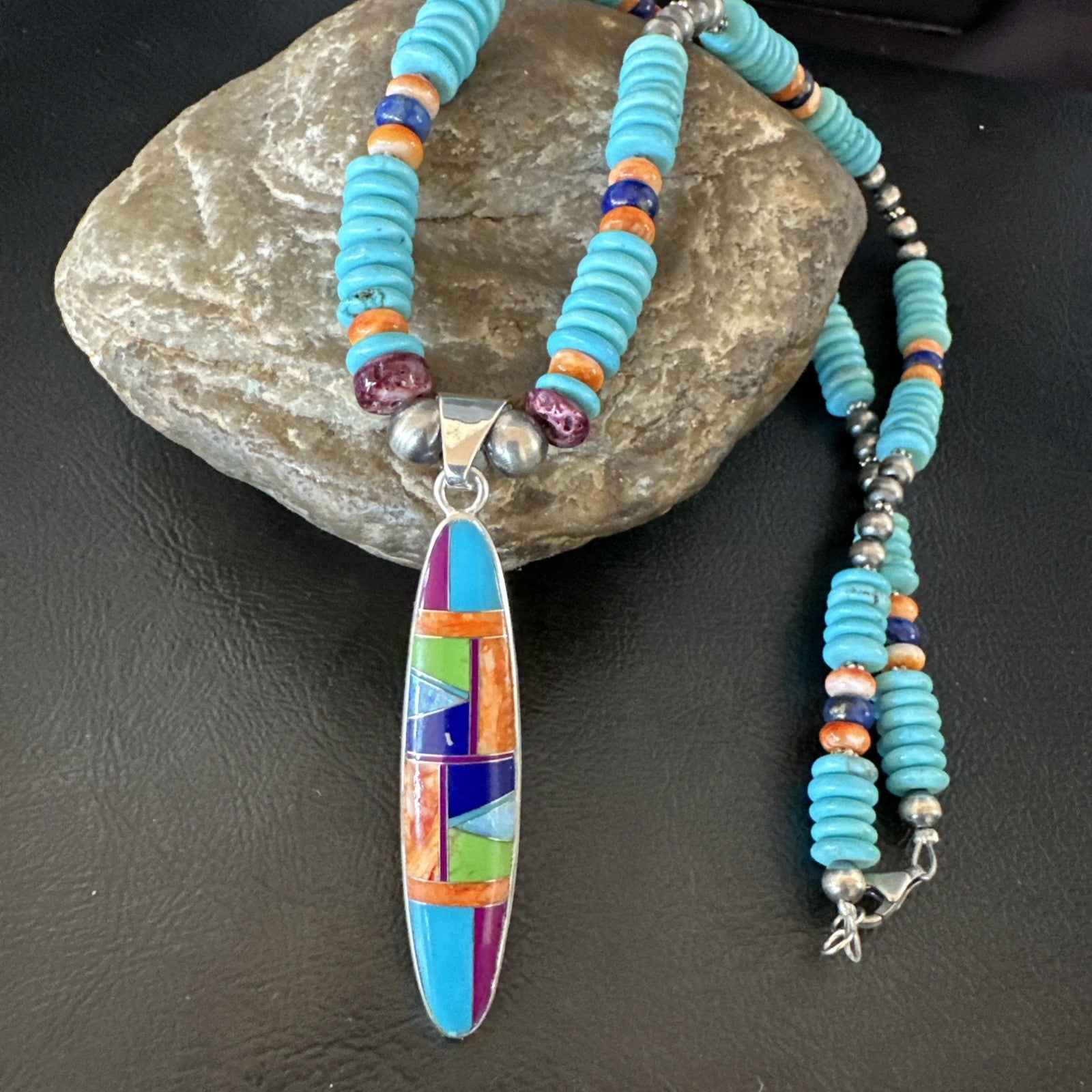 Multicolor Turquoise Spiny Navajo Sterling Silver Inlay Pendant Necklace 19644