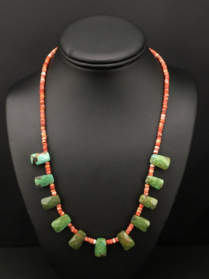 Spiny Oyster & Faceted Turquoise Navajo Sterling Silver Necklace 20" 04917