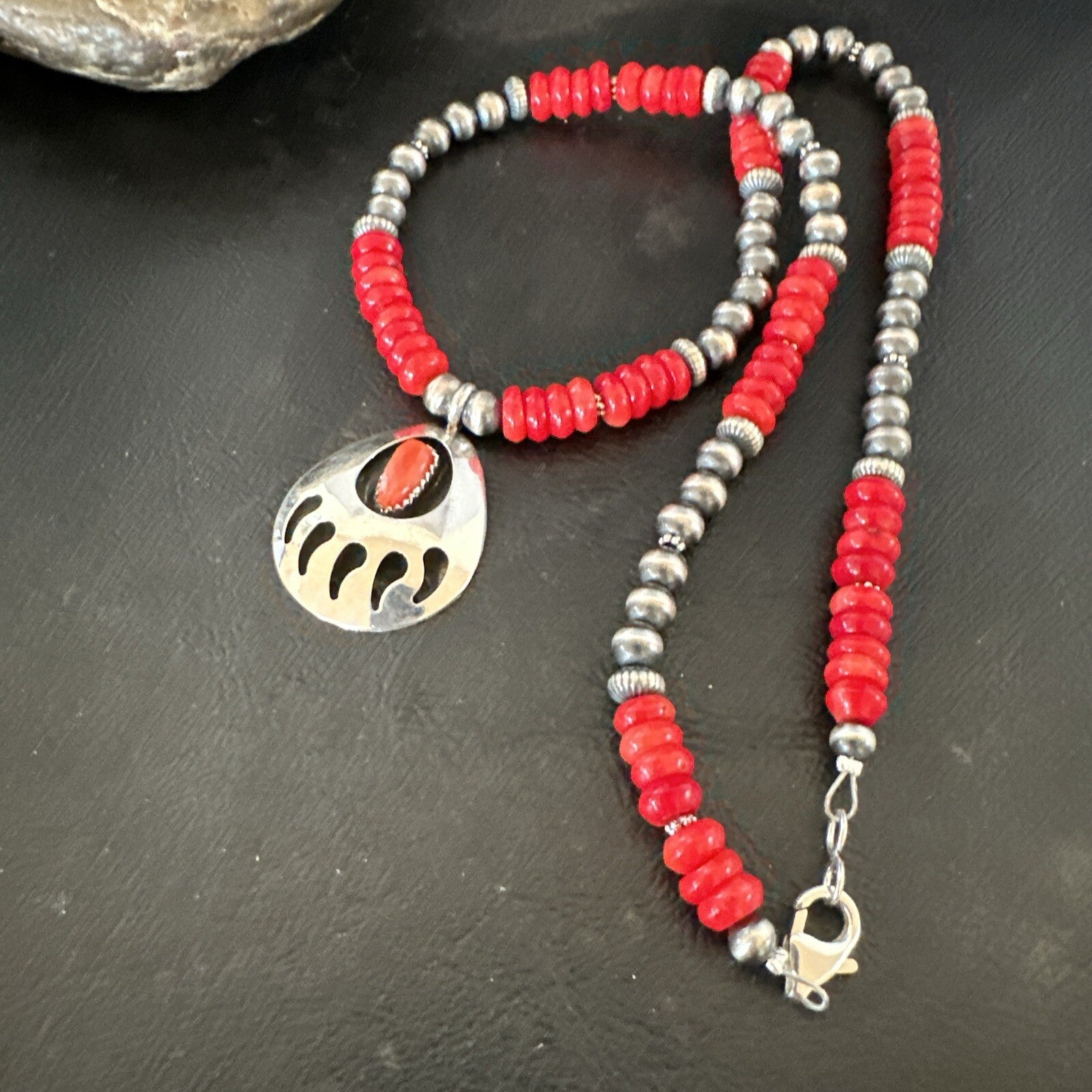 Mens Red Coral BearPaw Pendant Navajo Pearls Sterling Silver Necklace 17883