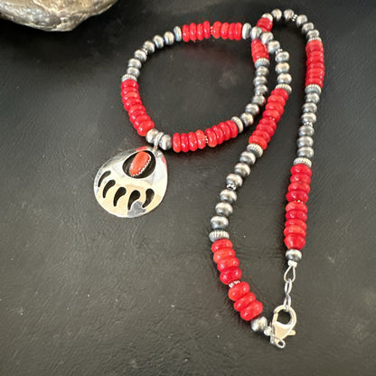 Mens Red Coral BearPaw Pendant Navajo Pearls Sterling Silver Necklace 17883