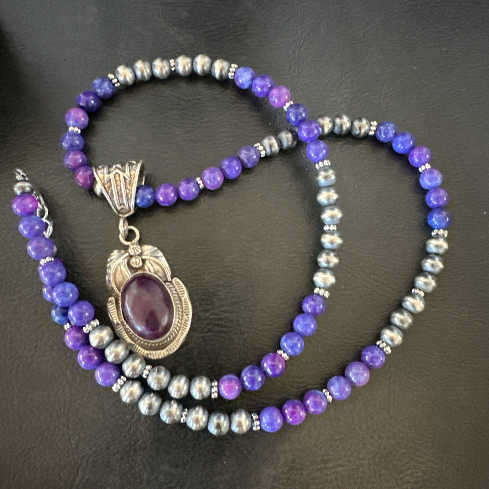 Purple Stone Pendant Navajo Pearls Sterling Silver Necklace 18386