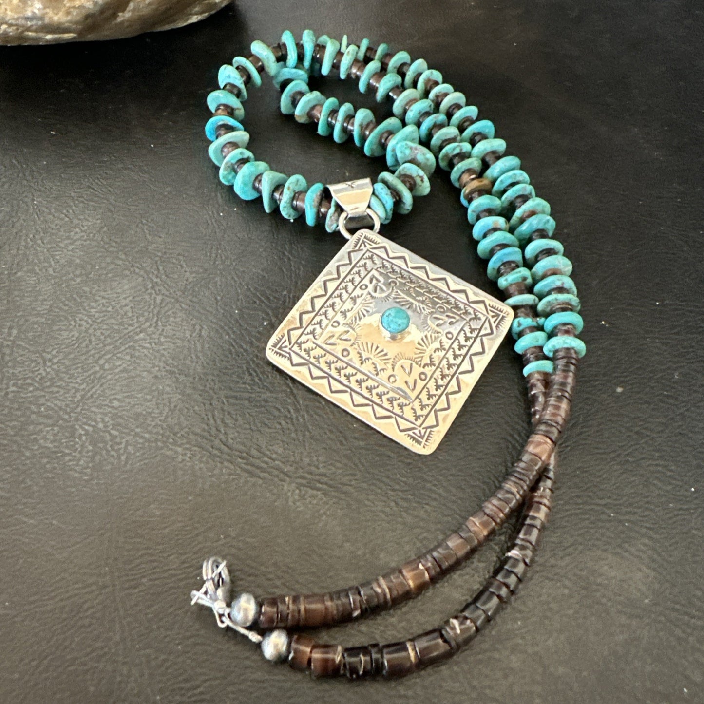 Navajo Blue Turquoise Stamped Pendant Shell Sterling Silver 25” Necklace 19706