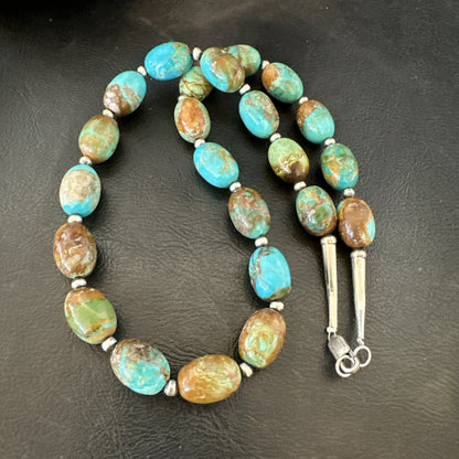 Green Blue Royston Turquoise Navajo Sterling Silver Beads Necklace 18" 19562