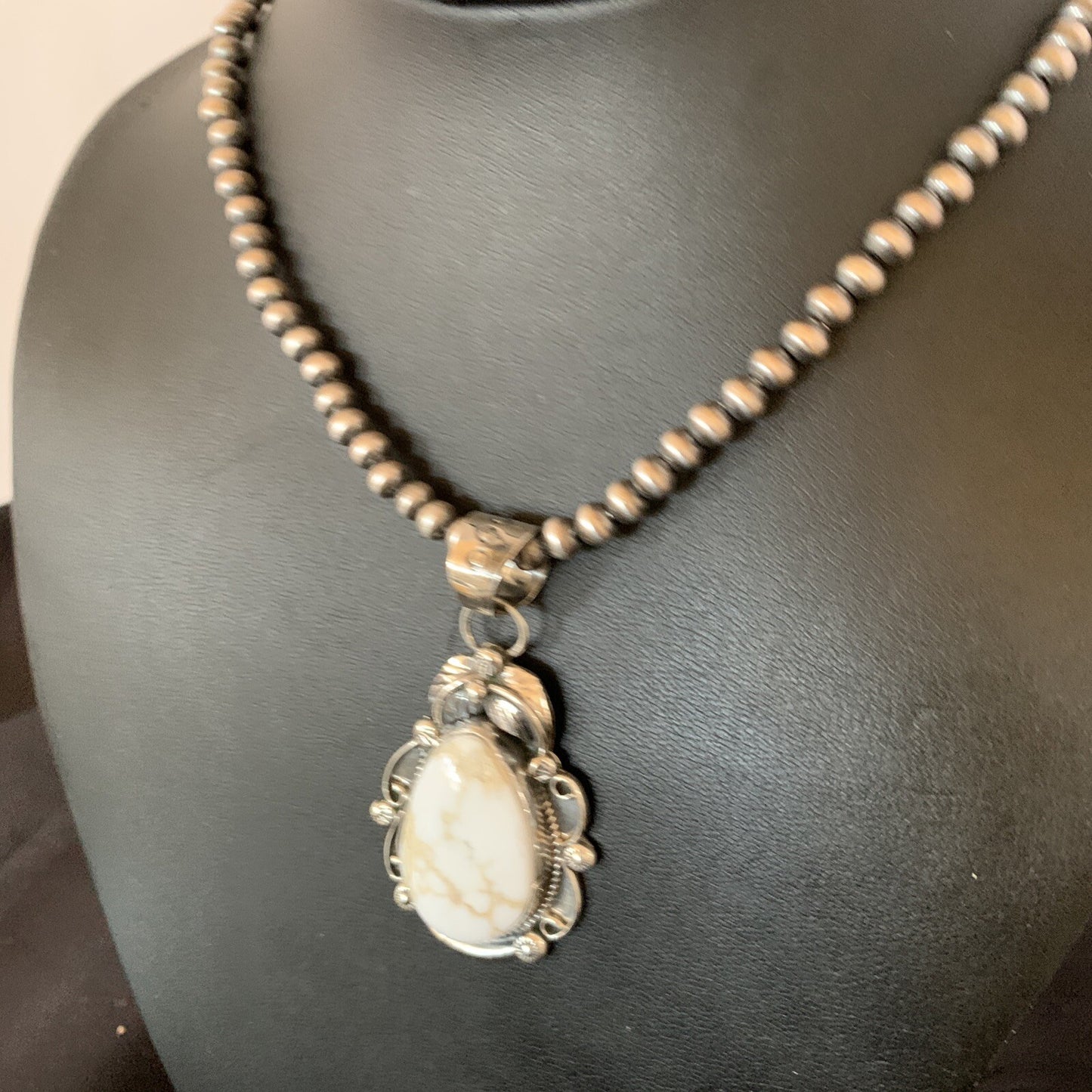 Men White Buffalo Turquoise Pendant Sterling Silver Beads Necklace 12665N