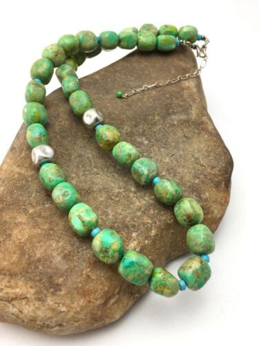 Navajo Turquoise & Magnesite Necklace Sterling Silver 19" Handmade 4497