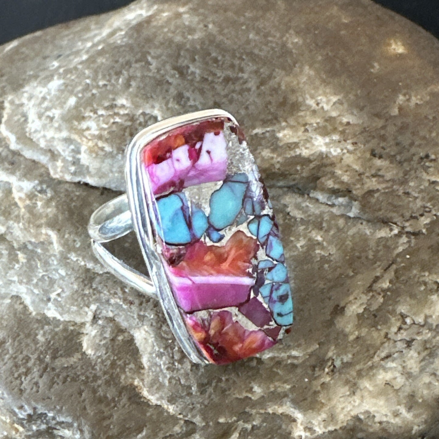Blue Turquoise Spiny Oyster Southwestern Sterling Silver Ring Size 7 18492