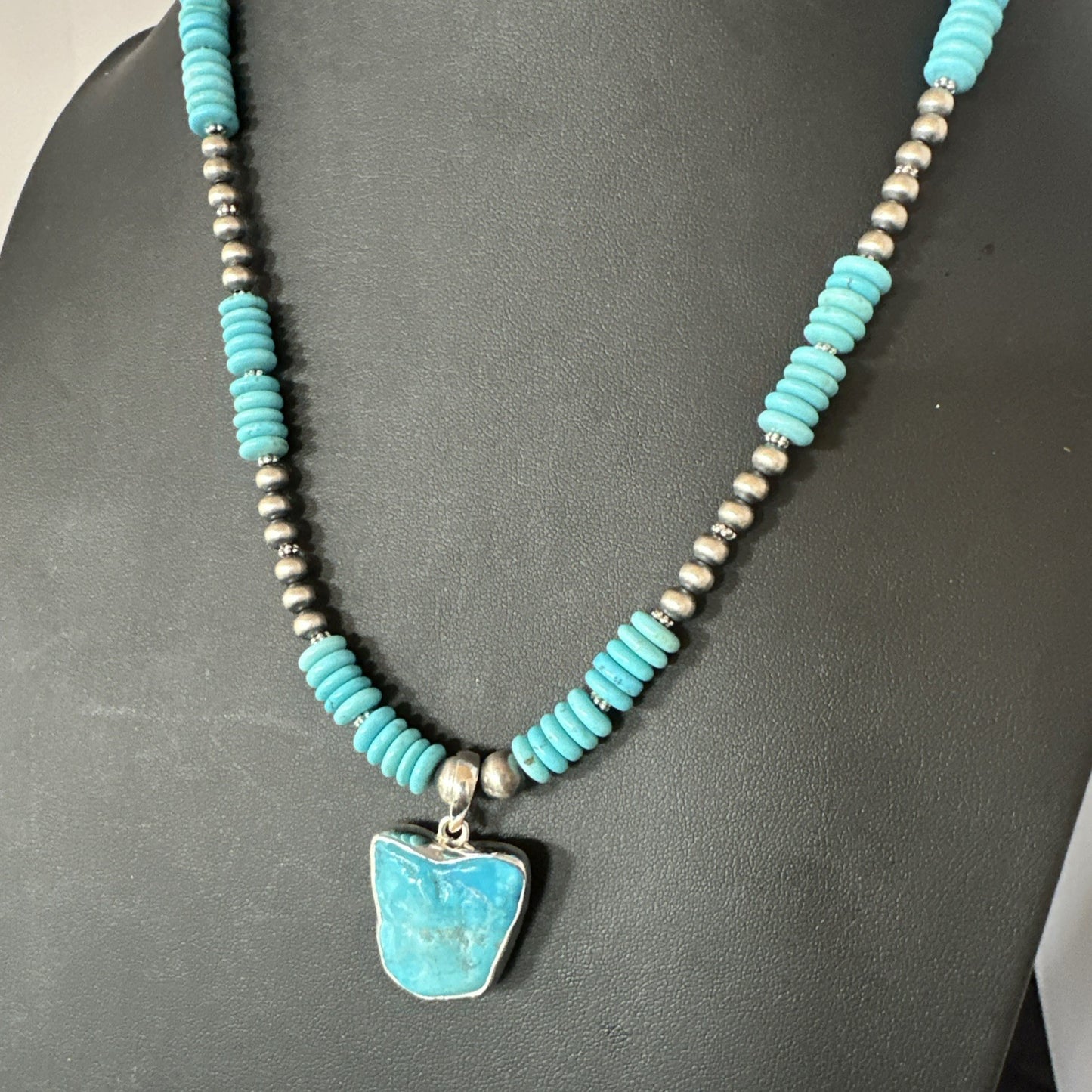 Blue Kingman Turquoise 2 Sided Pendant Navajo Sterling Native Necklace 20" 19517
