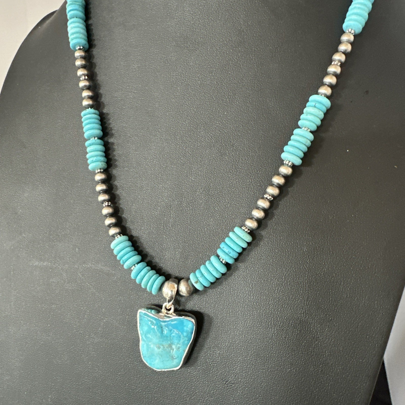 Blue Kingman Turquoise 2 Sided Pendant Navajo Sterling Native Necklace 20" 19517