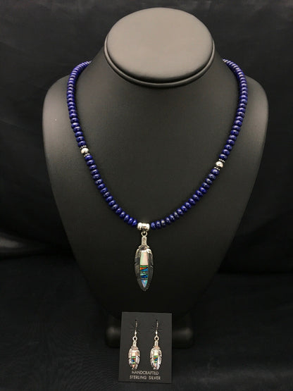 Opal Feather Multicolor Lapis Pendant Sterling Silver Necklace Earring Set 02771