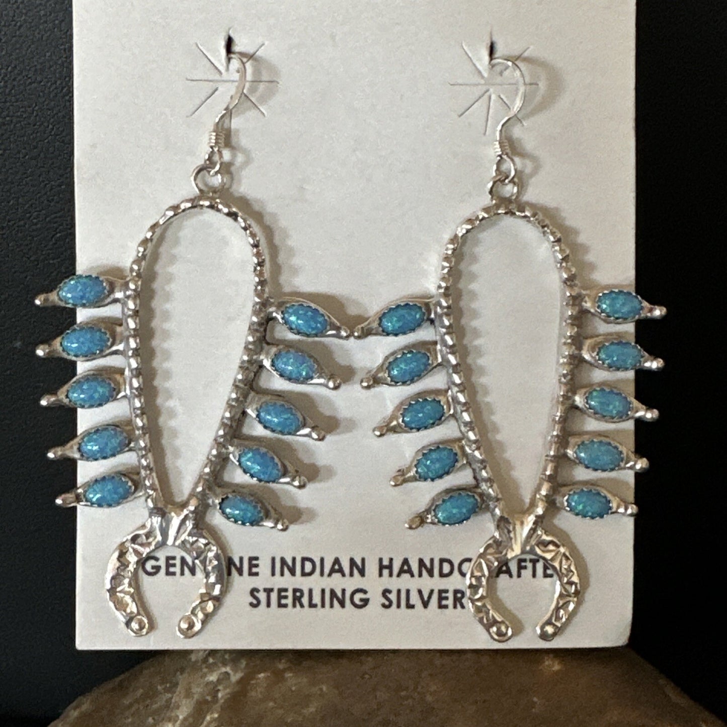 Womens Blue Opal Navajo Squash Blossom Sterling Silver Earrings 18549