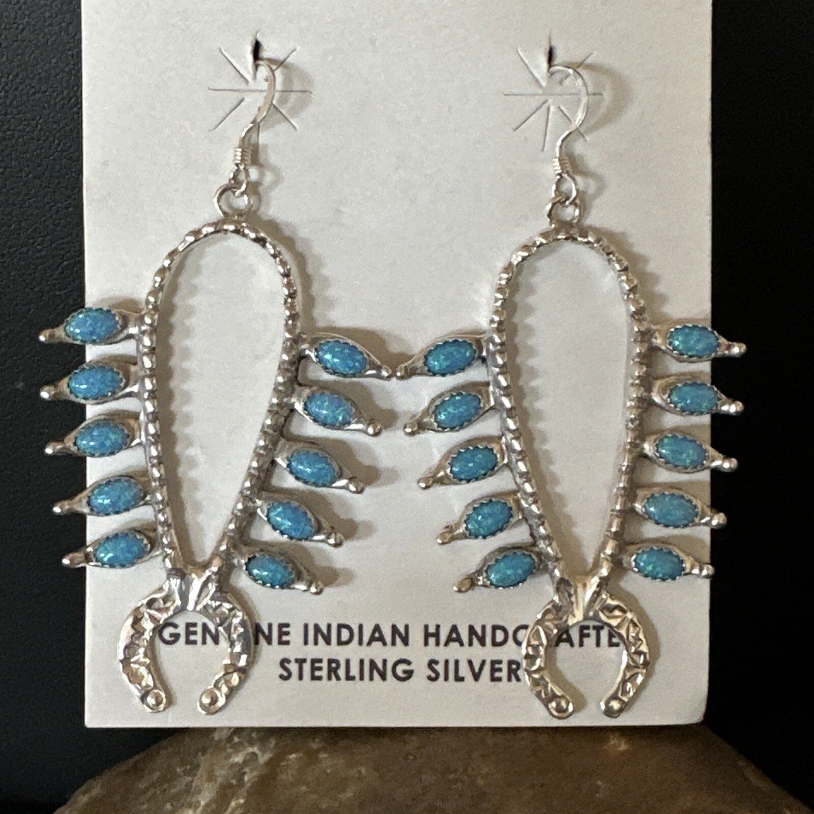 Womens Blue Opal Navajo Squash Blossom Sterling Silver Earrings 18549