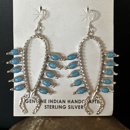 Womens Blue Opal Navajo Squash Blossom Sterling Silver Earrings 18549