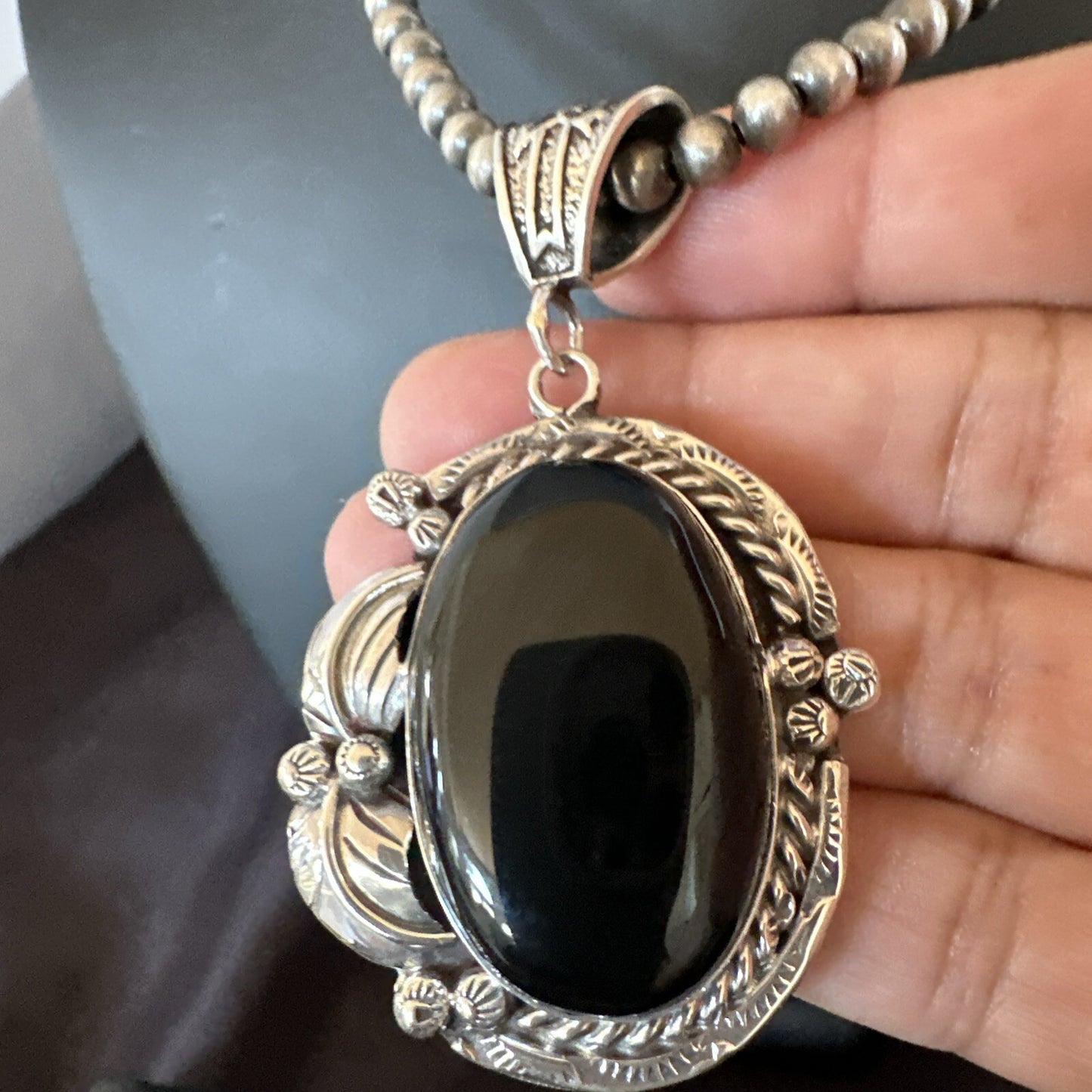 Mens Womens Black Onyx Pendant Navajo Sterling Silver Beads Necklace 18297