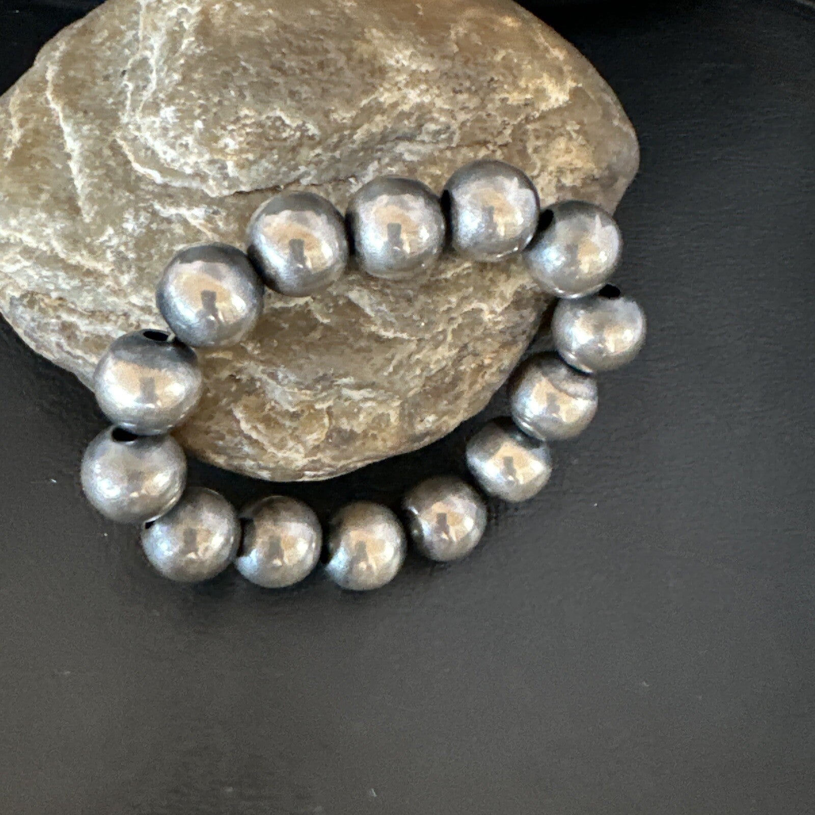 Navajo 12mm Beads Stretch Sterling Silver Bracelet 7" 91202