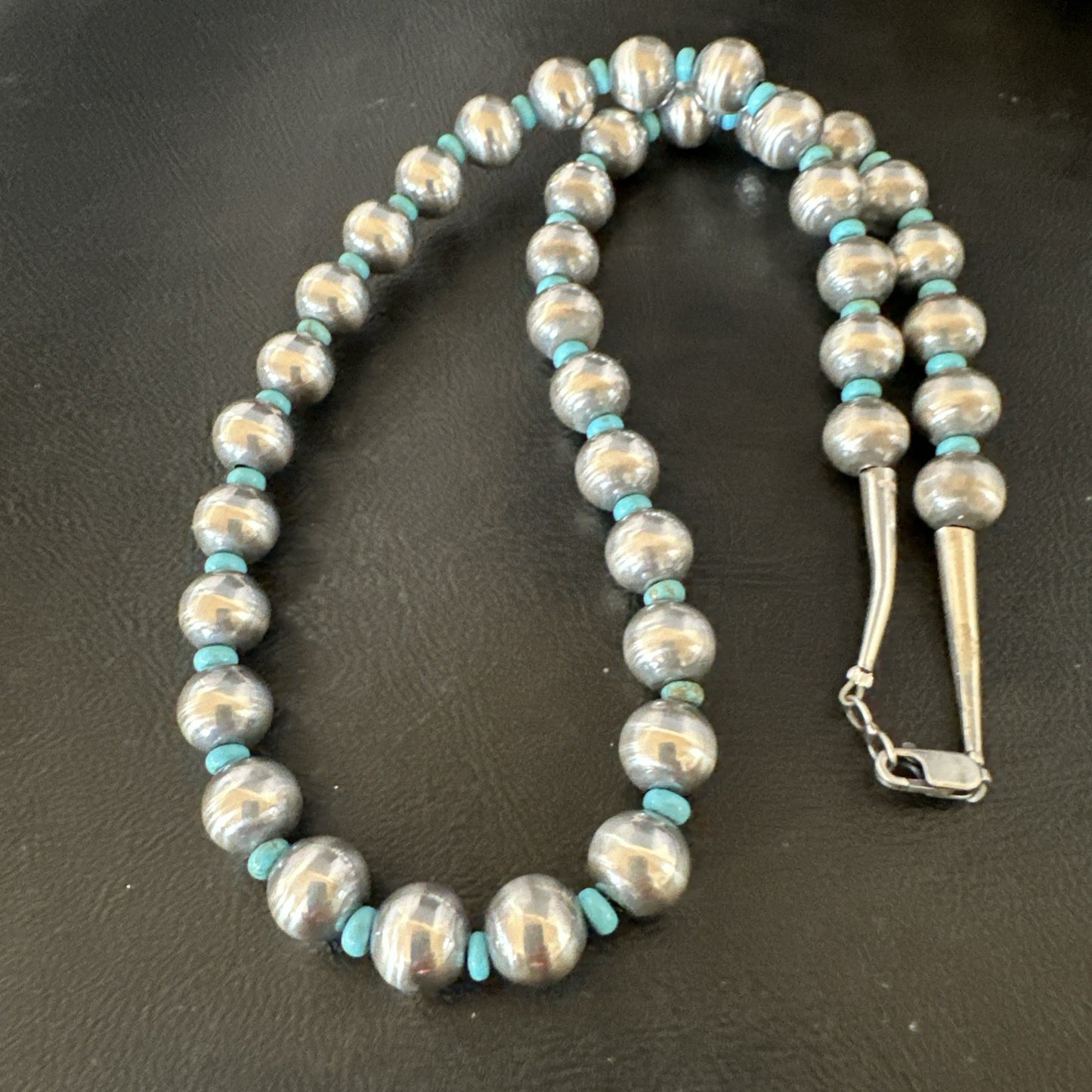 Blue Turquoise 10mm Round Sterling Silver Beads Necklace 24” 92408