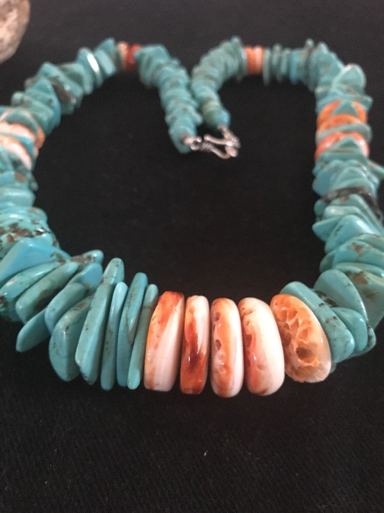 Turquoise Spiny Oyster Nugget Sterling Silver Necklace 21" 03325