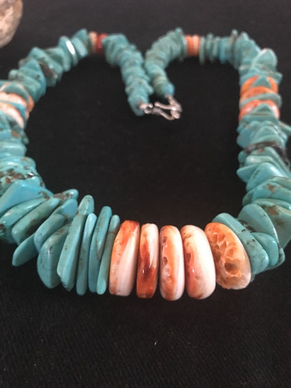 Turquoise Spiny Oyster Nugget Sterling Silver Necklace 21" 03325