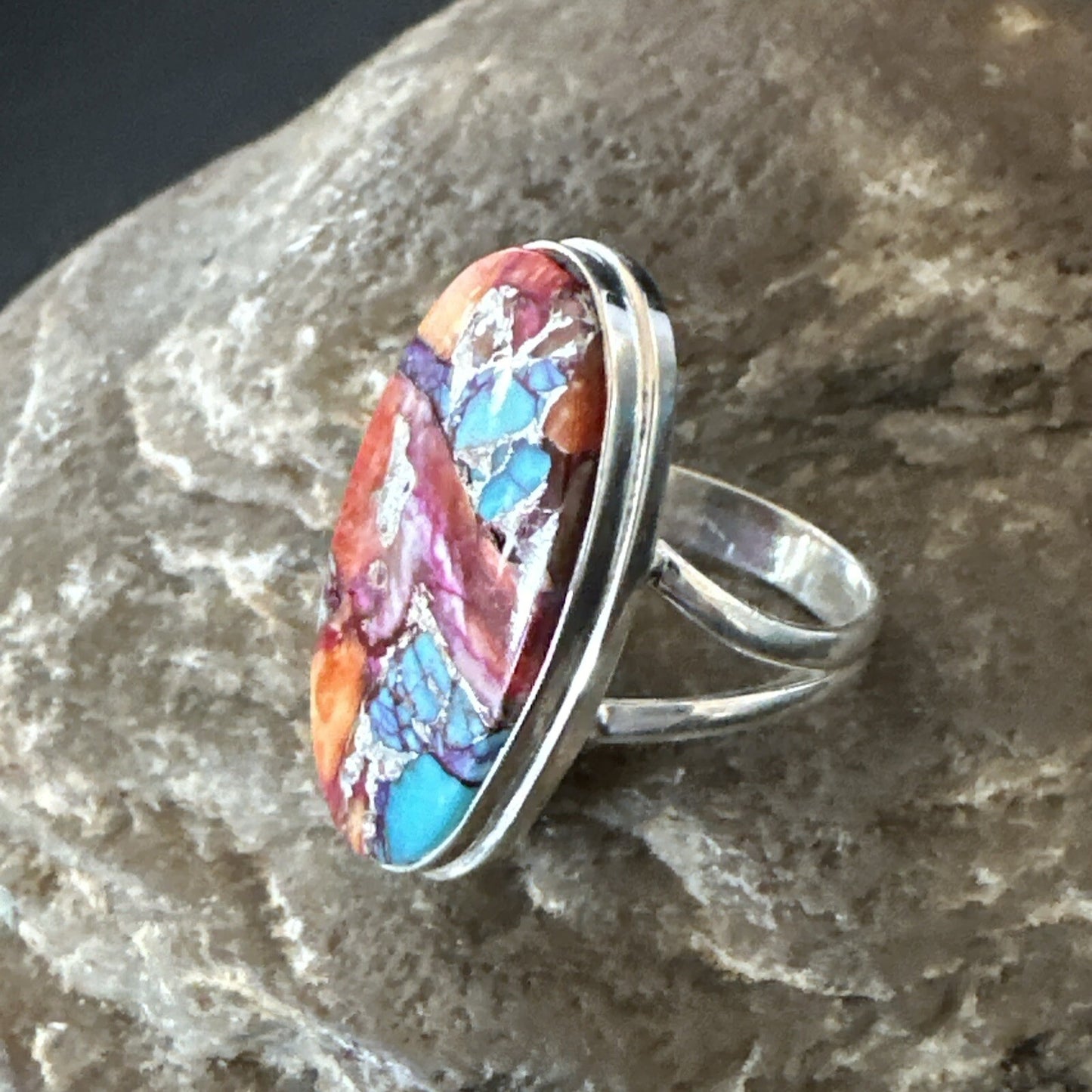 Blue Turquoise Spiny Oyster Southwestern Sterling Silver Ring Size 6 18514
