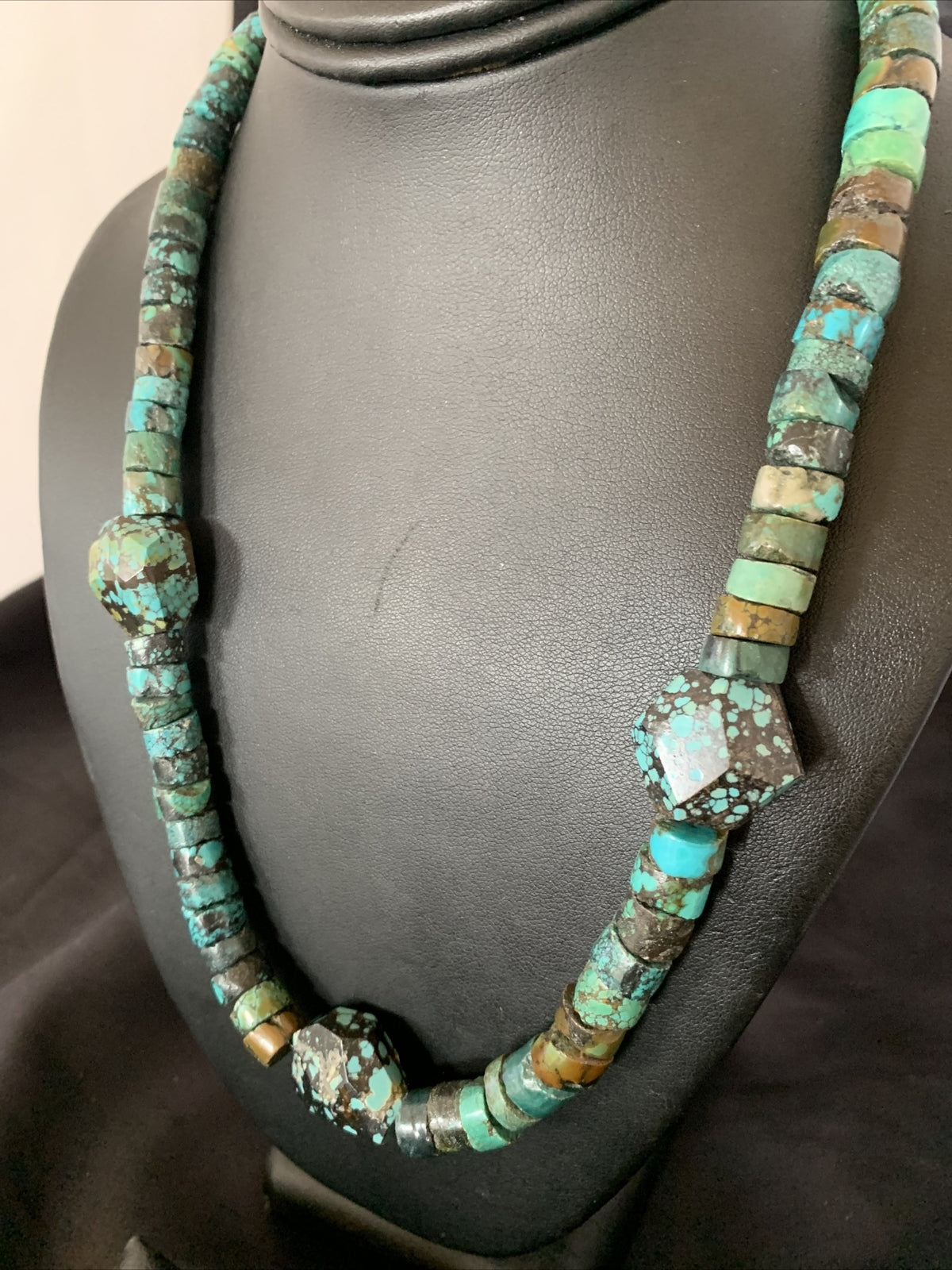 Men Chunky Spiderweb Turquoise Heishi Navajo Sterling Silver Necklace 21” 124505