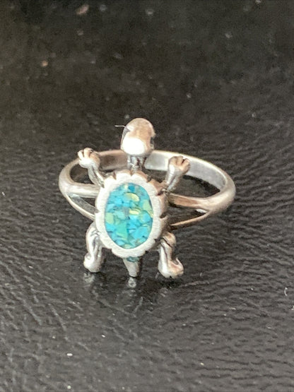 Blue Turquoise Navajo Sterling Silver Old Pawn Turtle Ring Size 4.5 10787