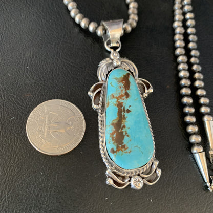 Men Blue Kingman Turquoise Pendant Navajo Pearls Sterling Silver Necklace 14204N