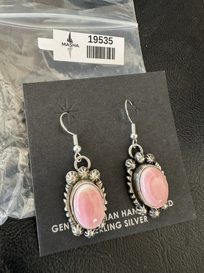 Handmade Pink Queen Conch Sterling Silver Navajo Dangle Earrings Yazzie 19535