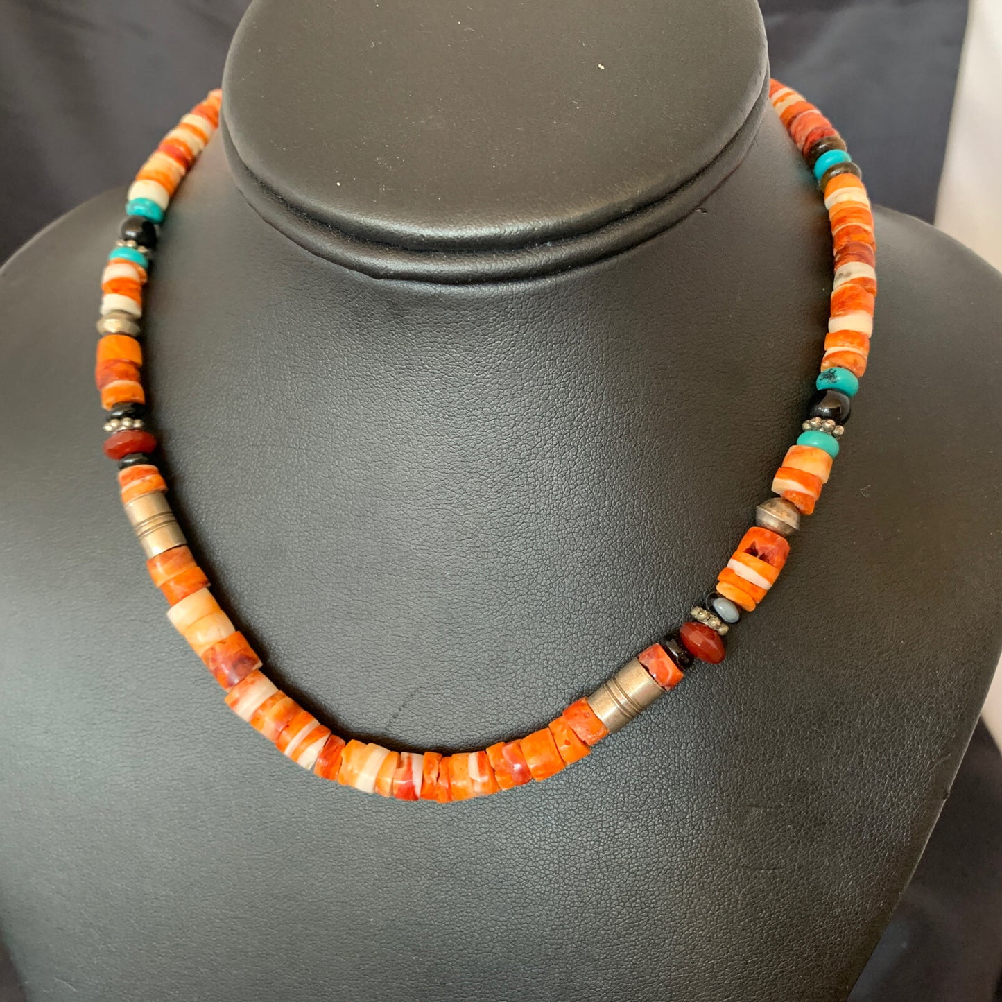 Turquoise Spiny Oyster & Coral Beads Sterling Silver Gold Necklace 10394