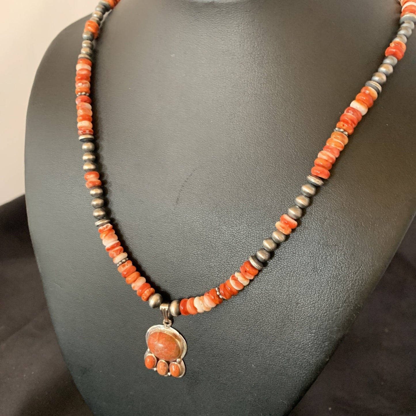 Apple Coral Pendant Spiny Oyster Navajo Pearls Sterling Silver Necklace 12389