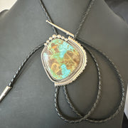 Men's Blue Green Royston Turquoise Bolo Tie Navajo | Sterling Silver | Authentic Native American Handmade | 19752