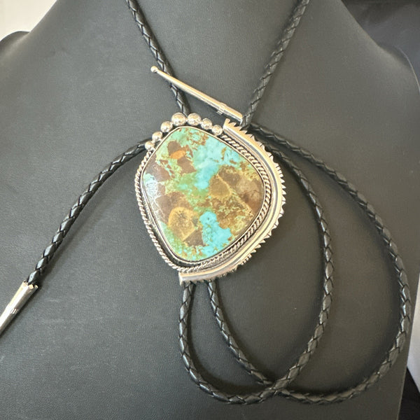 Men's Blue Green Royston Turquoise Bolo Tie Navajo | Sterling Silver | Authentic Native American Handmade | 19752