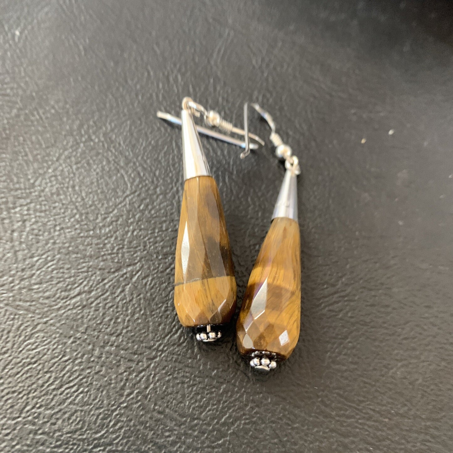 Coffee Tiger's Eye Navajo Sterling Silver Dangle Drop Bead Earrings 1.5" 11715