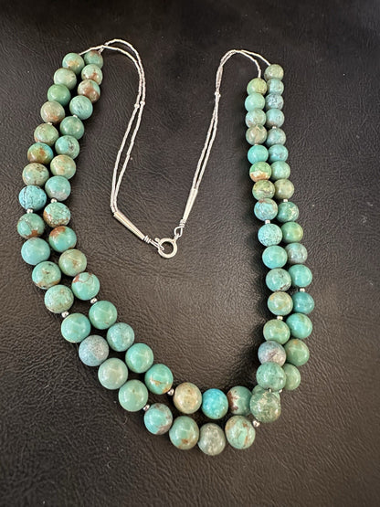 Native Turquoise Bead 2 Strand Navajo Sterling Silver Necklace 22” 19464