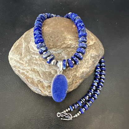 Mens Womens Blue Lapis Lazuli Navajo Sterling Silver Pendant Necklace 22” 18338