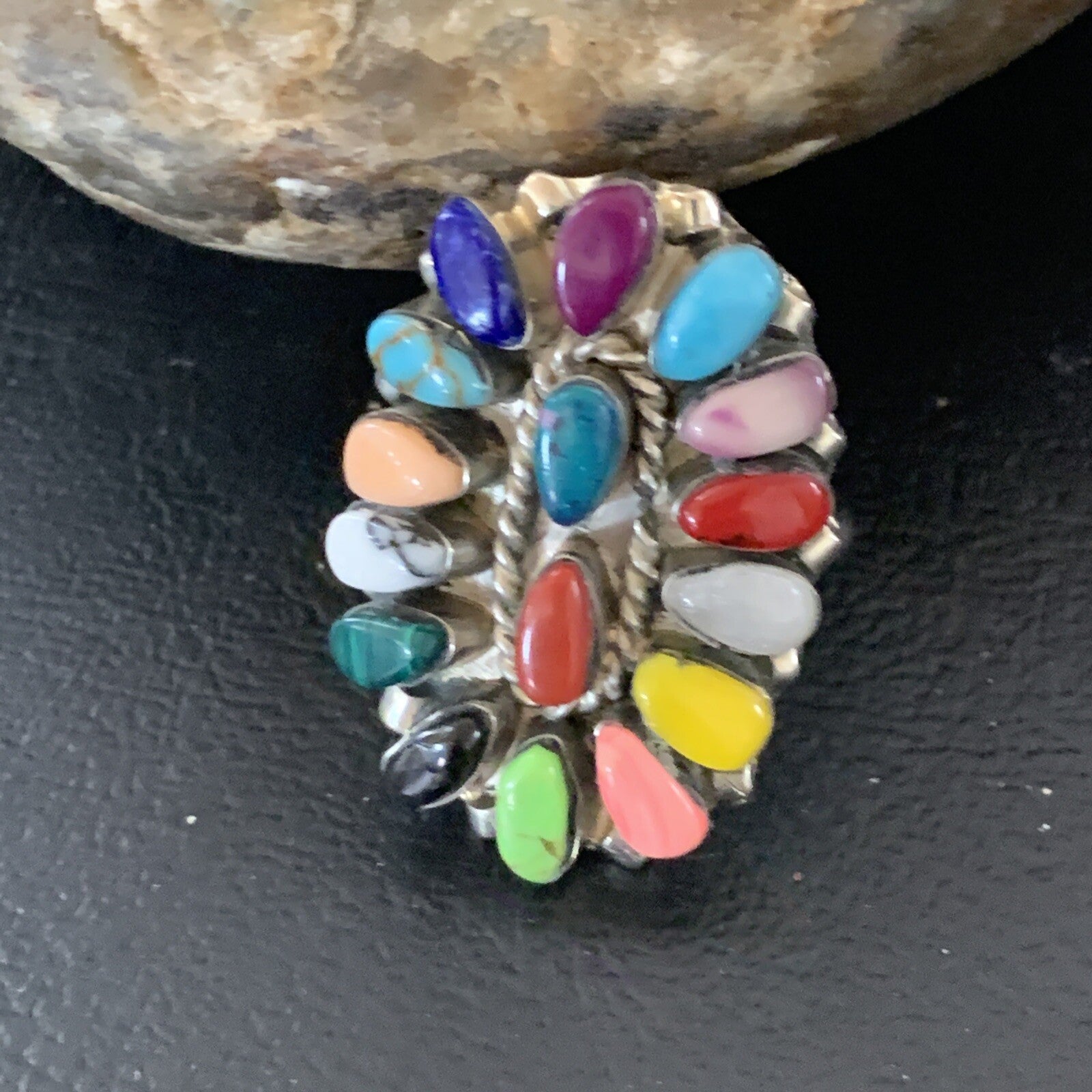 Onyx Lapis Turquoise & Gaspiete Navajo Sterling Silver Inlay Ring Size 8 11960
