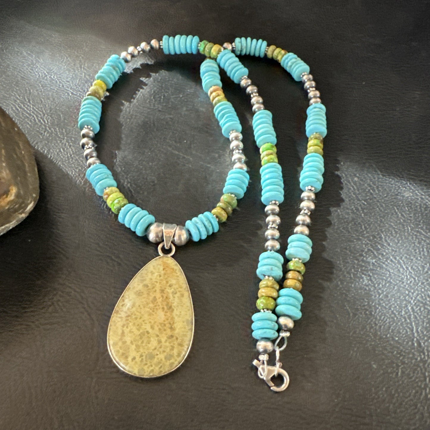 Green Gaspeite Pendant Blue Turquoise Navajo Sterling Silver Necklace 20" 19673
