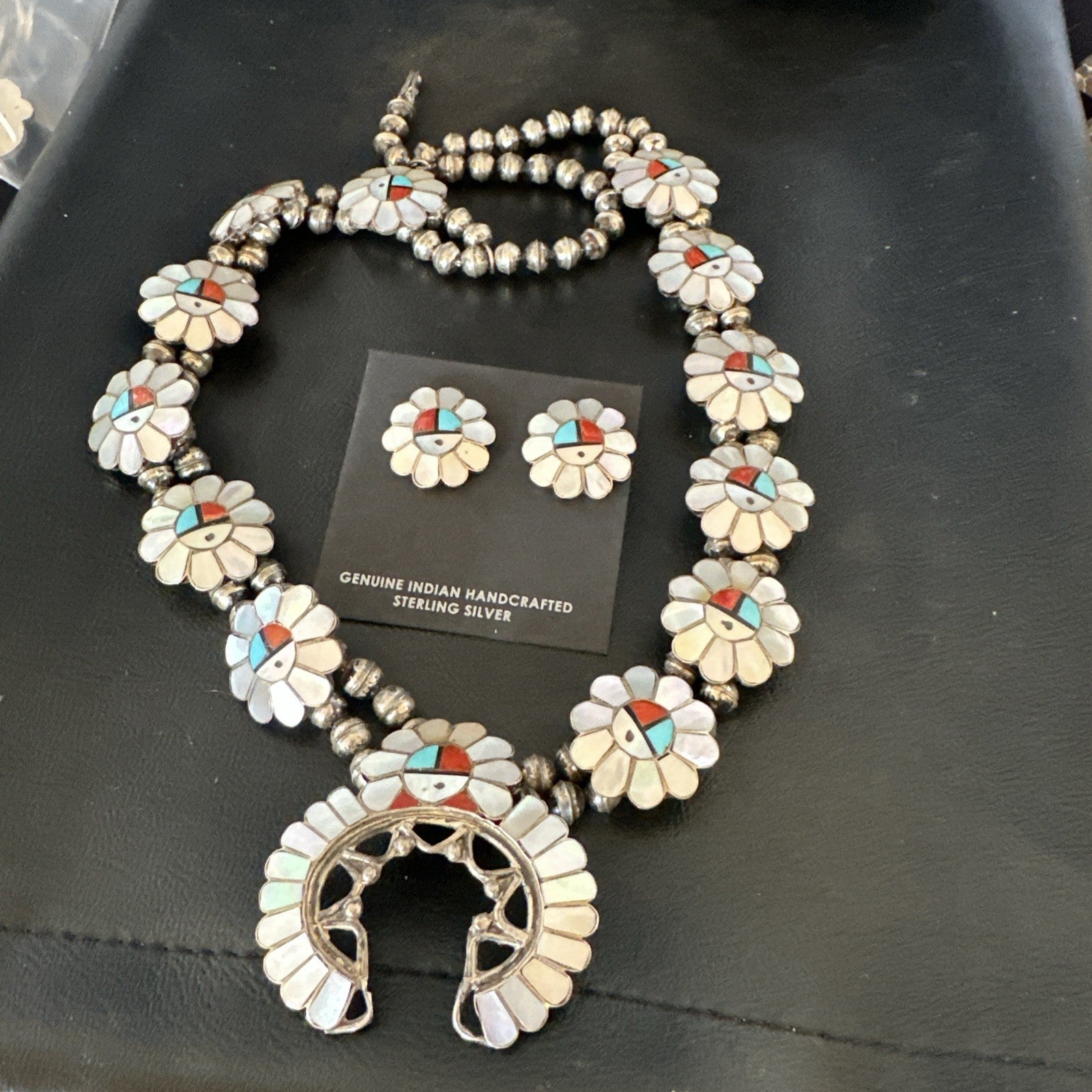 Old Pawn Sunface Turquoise Zuni Sterling Silver Squash Necklace Earrings 19085