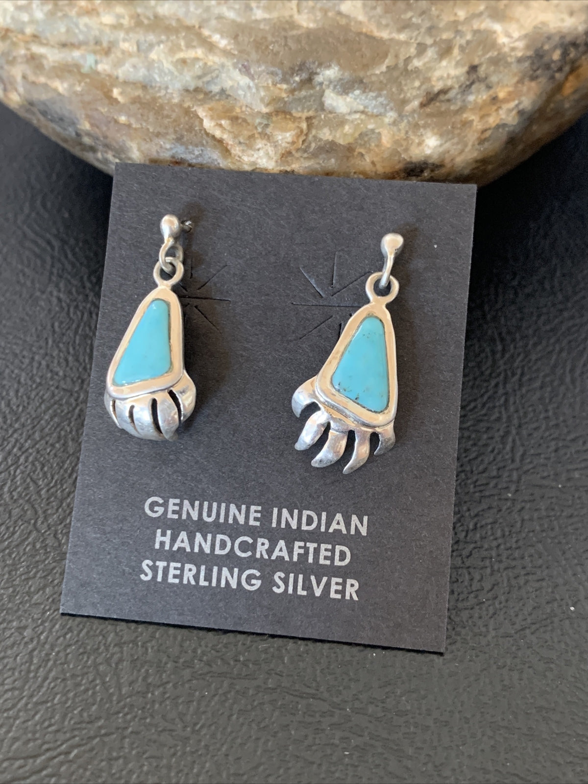 Turquoise BearPaw Inlay Navajo Sterling Silver Dangle Post Earrings 0.50" 12743