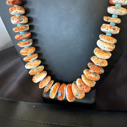 Orange Spiny Oyster Blue Turquoise Navajo Sterling Silver Necklace 23" 18087