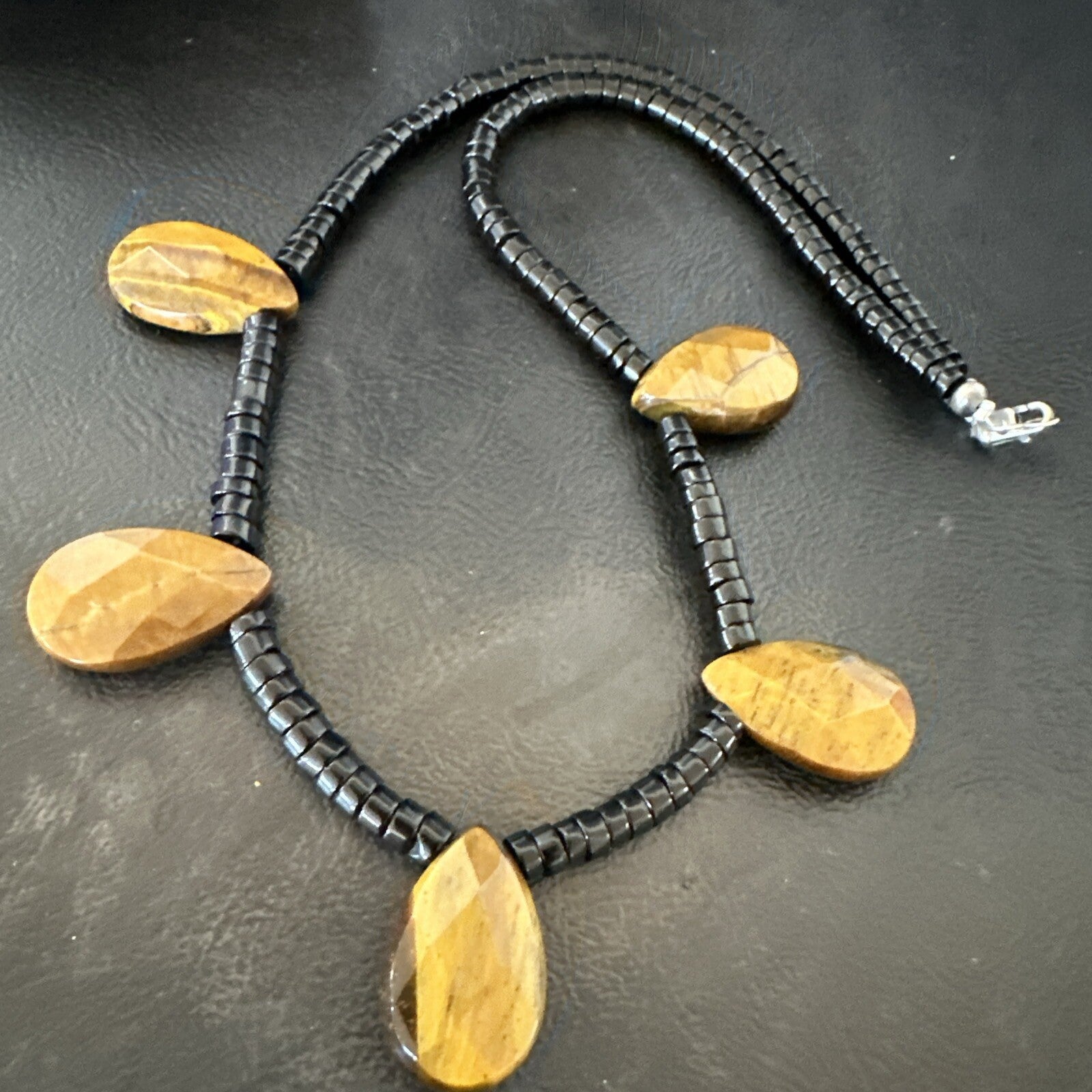 Coffee Brown Tigers Eye Black Onyx Sterling Silver Pendant Necklace 20" 18356