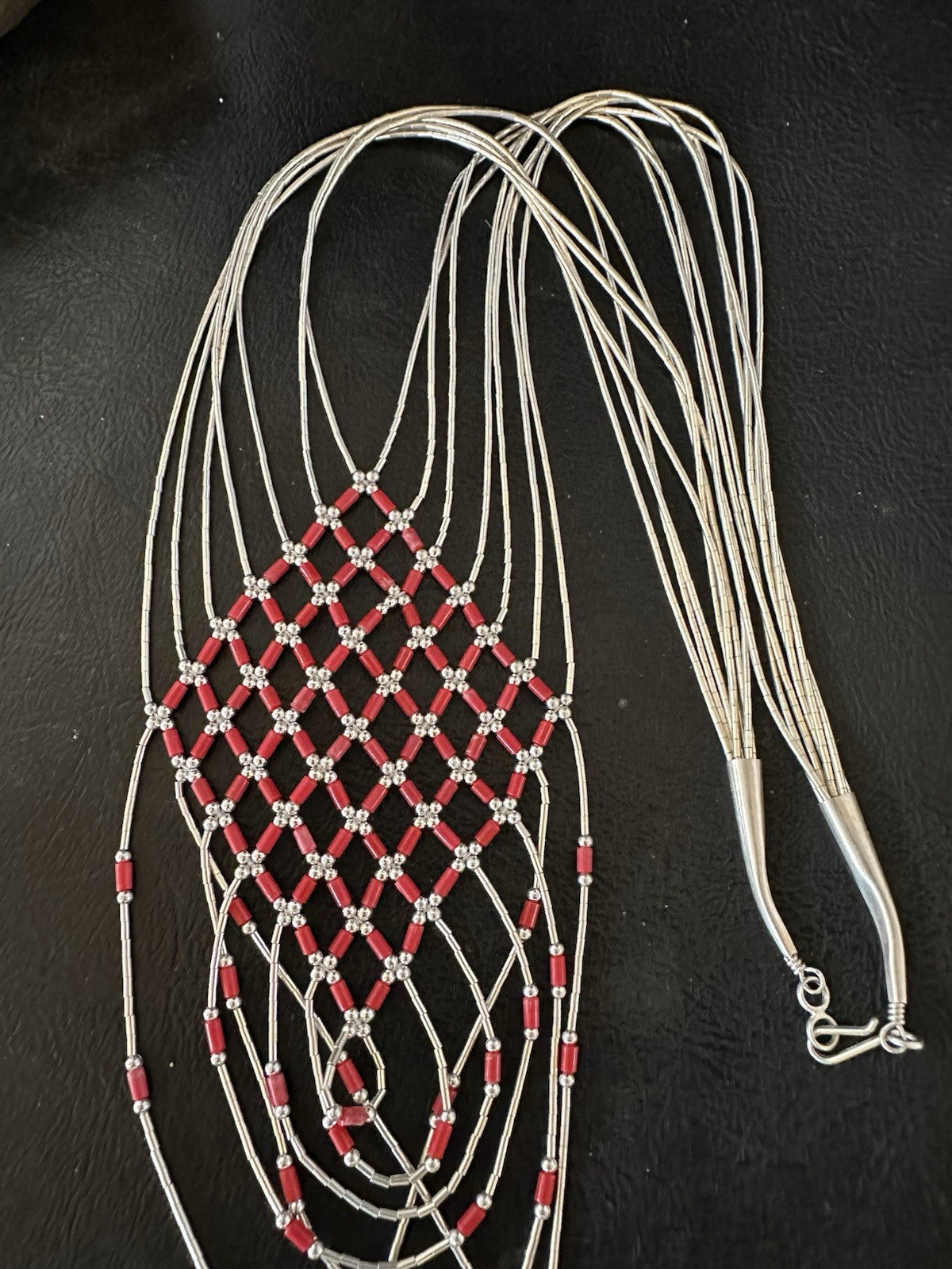 Red Coral Heishi Tubes Pendant 7 Strand Liquid Sterling Silver Necklace 19750