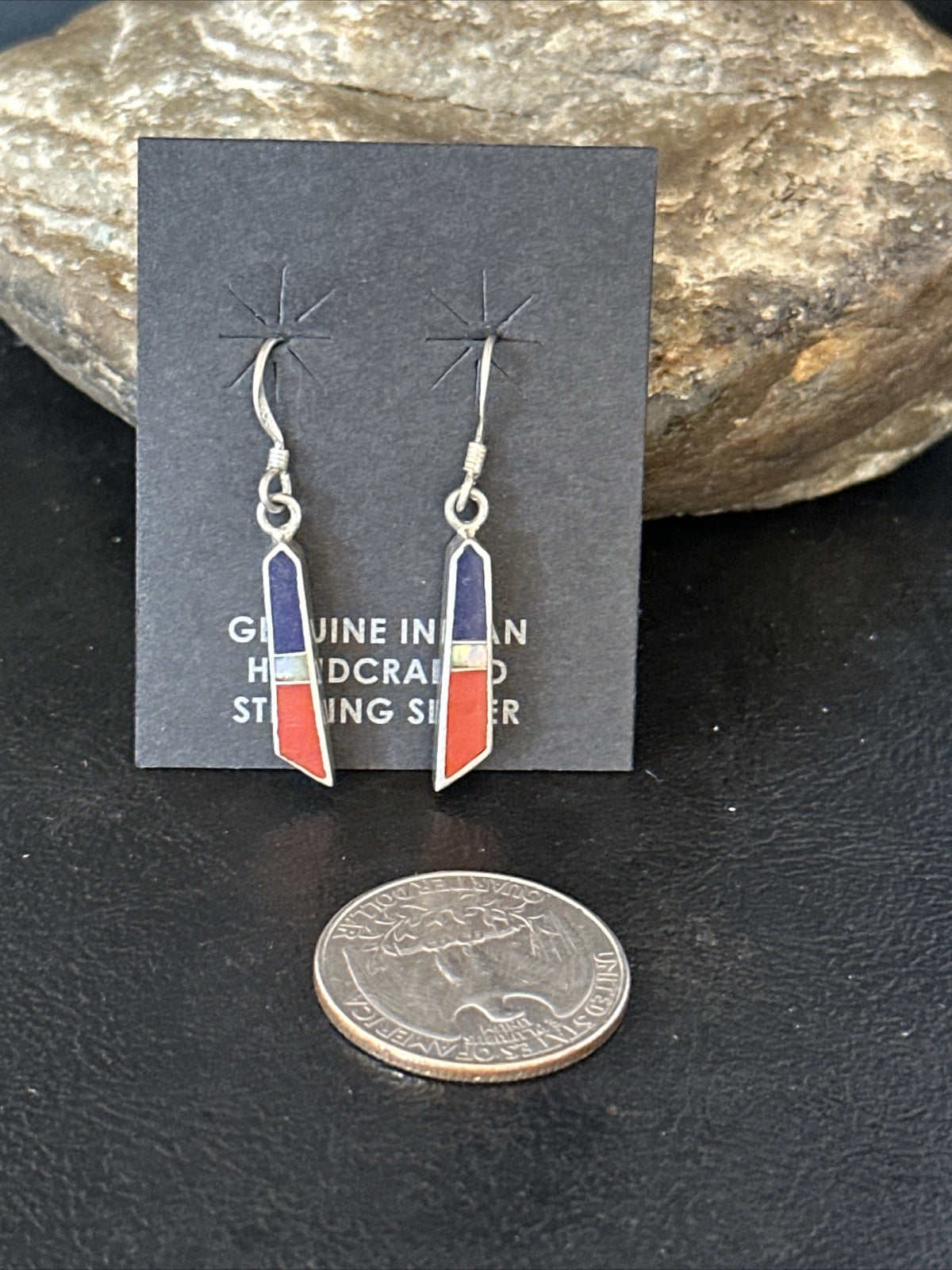 Lapis Opal & Coral Navajo Sterling Silver Inlay Earrings 1” 14766