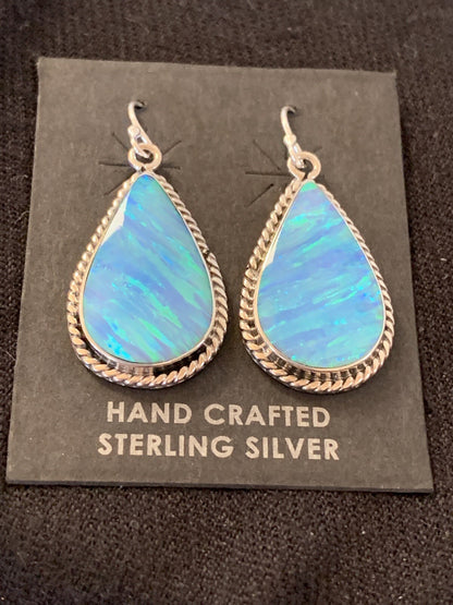 Native American Womens Navajo Sterling Silver Blue Opal Earrings 00471