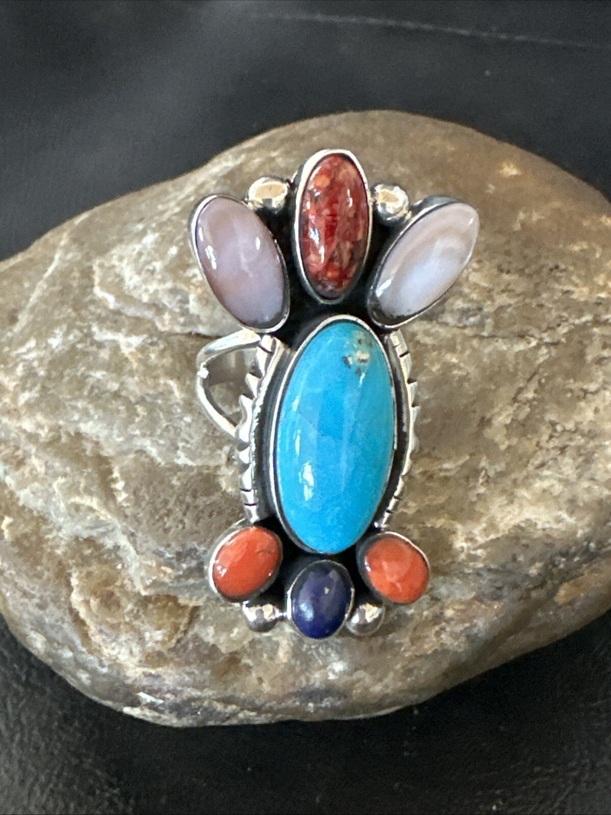Cluster Blue Turquoise Spiny Oyster Onyx Sterling Silver Ring Size 8 18564