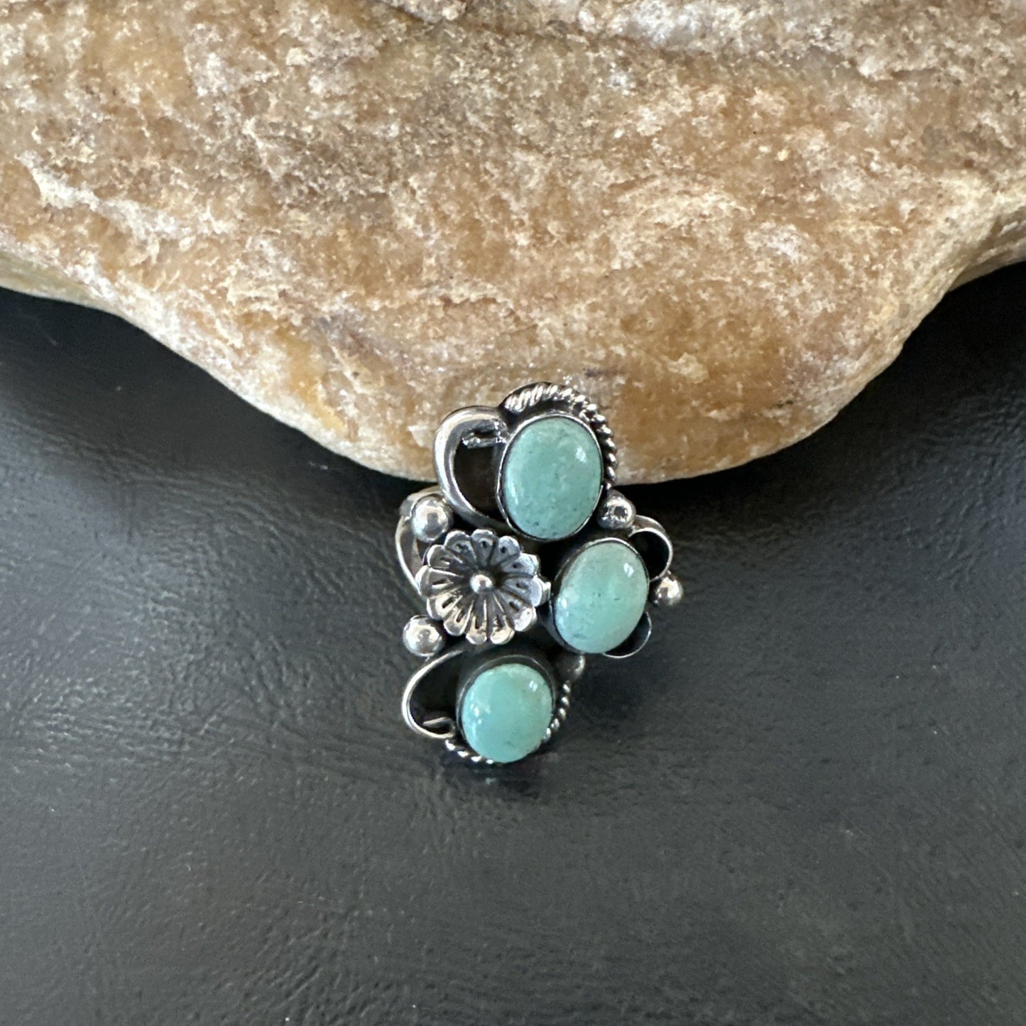 Yazzie Ring Green Turquoise Navajo Sterling Silver Cluster Size 8 19223