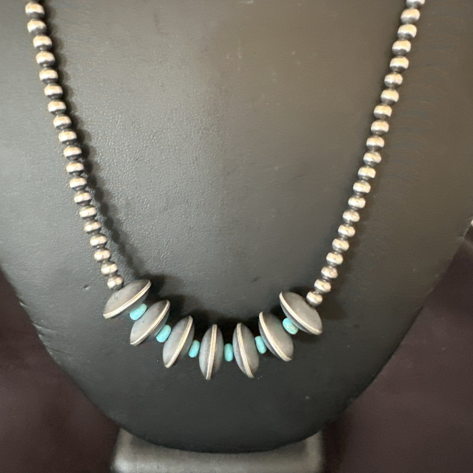 Blue Turquoise Round Flat Sterling Silver Beads Necklace 20” 19026