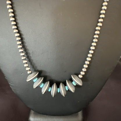Blue Turquoise Round Flat Sterling Silver Beads Necklace 20” 19026