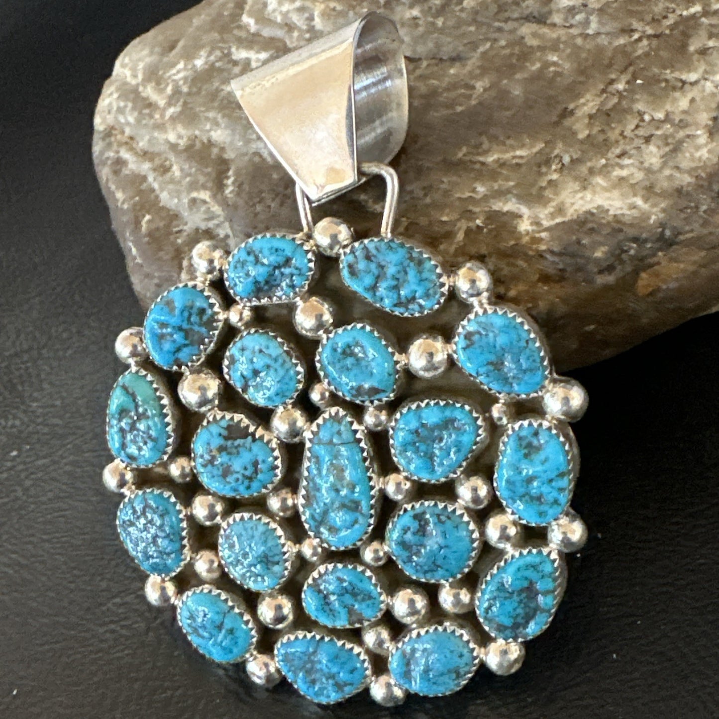 Cluster Kingman Turquoise Navajo Sterling Silver Necklace Pendant 2.75” 19082